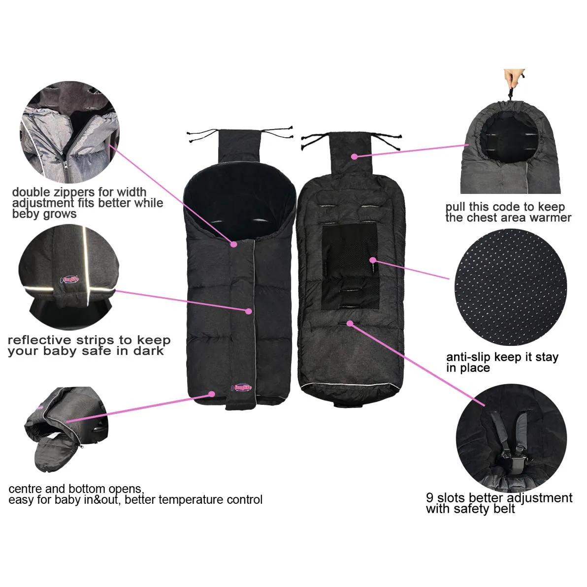German Designed Winter Tour Waterproof Stroller Footmuff,Width Adjustable Design Fits Baby Grows Stroller Bunting Bag Toddler 6-36M,Black