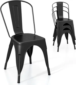 Giantex Metal Dining Chairs Set of 4, Farmhouse Kitchen Chairs with Removable Backrest, Space-Saving Stackable Bistro Cafe Side Chairs for Dining Room, Living Room, Restaurant (Black)