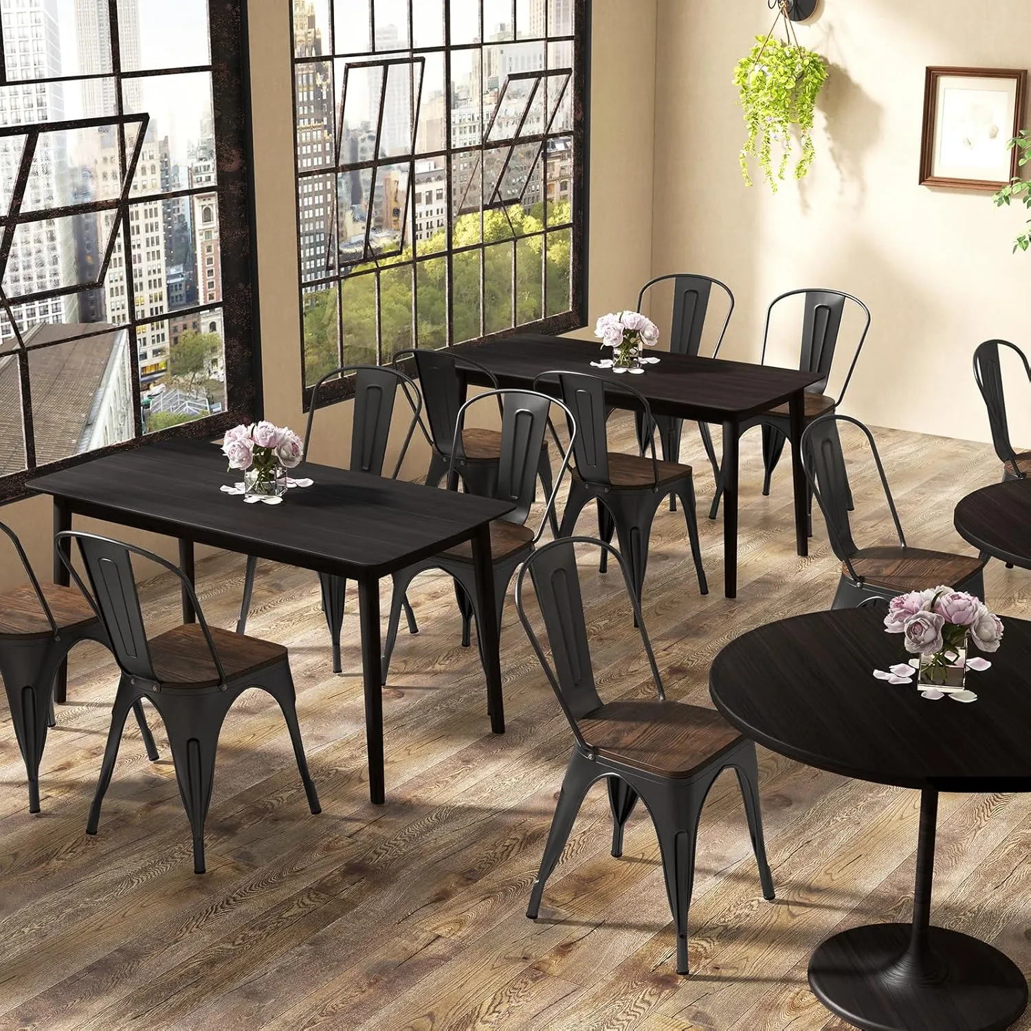 Giantex Metal Dining Chairs Set of 4, Kitchen Chairs with Wood Seat & Removable Backrest, Stackable Metal Chairs, Space-Saving Bistro Cafe Side Chairs for Home, Restaurant, Bar (Black)