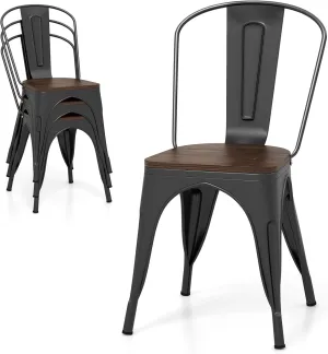 Giantex Metal Dining Chairs Set of 4, Kitchen Chairs with Wood Seat & Removable Backrest, Stackable Metal Chairs, Space-Saving Bistro Cafe Side Chairs for Home, Restaurant, Bar (Black)