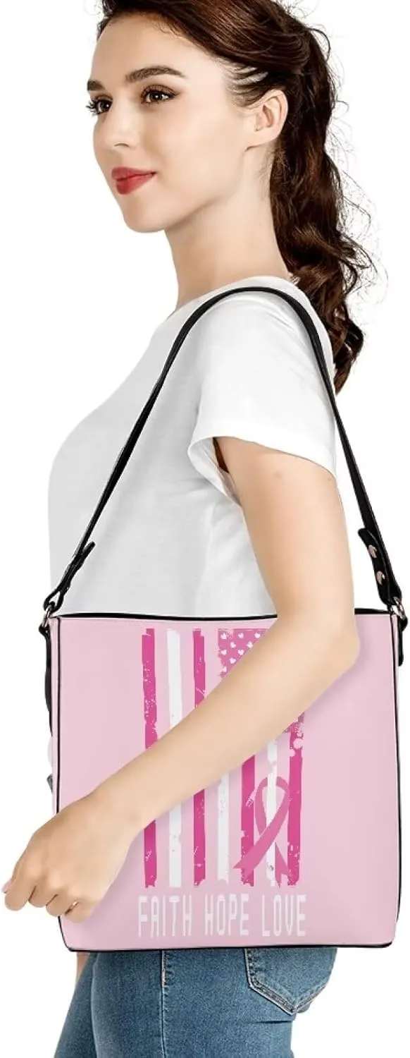 GIFTPUZZ Bucket Bags for Women Breast Cancer Awareness Accessories Pink Riboons Tote Bag with PU Leather