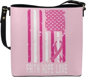 GIFTPUZZ Bucket Bags for Women Breast Cancer Awareness Accessories Pink Riboons Tote Bag with PU Leather