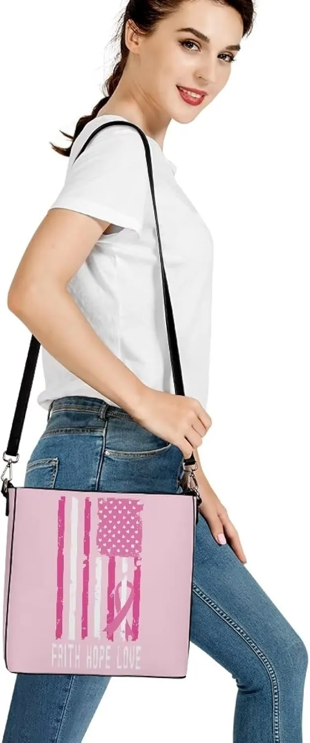 GIFTPUZZ Bucket Bags for Women Breast Cancer Awareness Accessories Pink Riboons Tote Bag with PU Leather