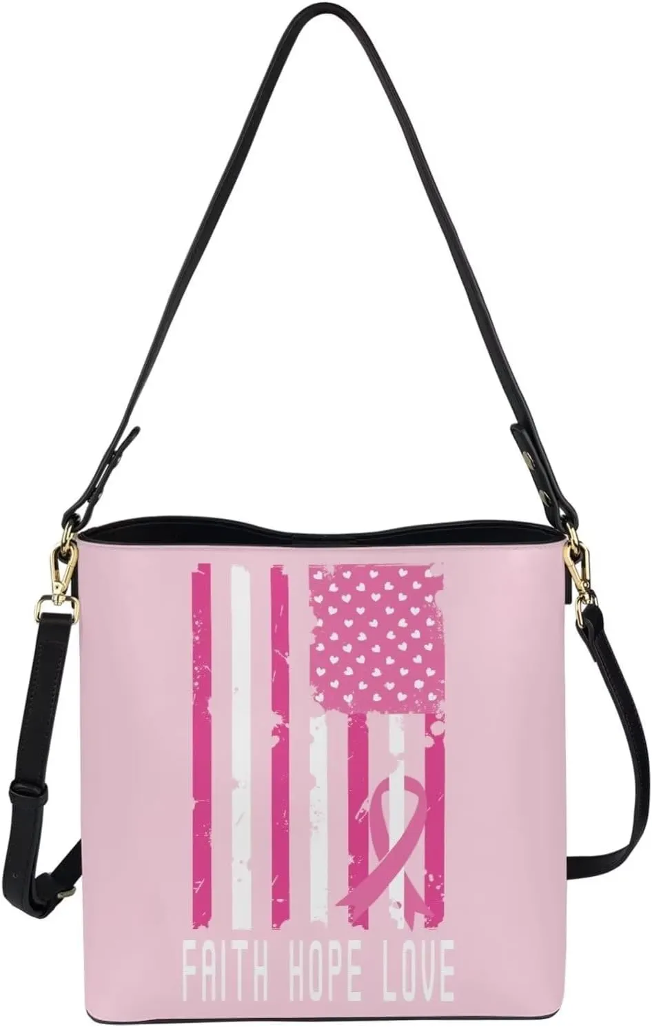 GIFTPUZZ Bucket Bags for Women Breast Cancer Awareness Accessories Pink Riboons Tote Bag with PU Leather