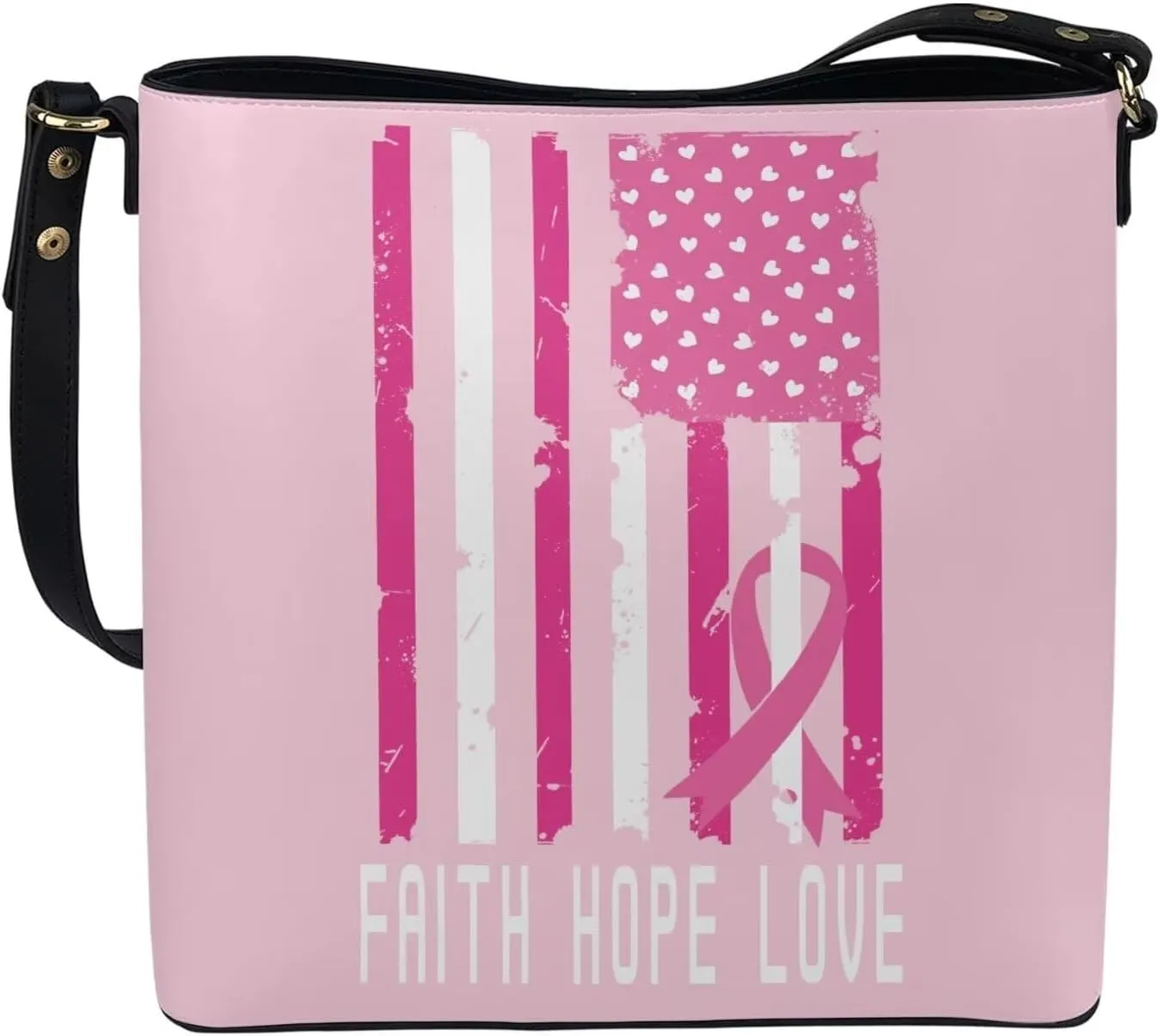 GIFTPUZZ Bucket Bags for Women Breast Cancer Awareness Accessories Pink Riboons Tote Bag with PU Leather