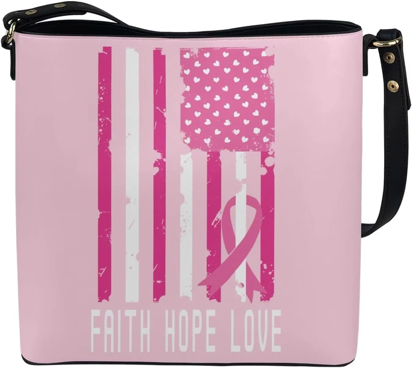 GIFTPUZZ Bucket Bags for Women Breast Cancer Awareness Accessories Pink Riboons Tote Bag with PU Leather