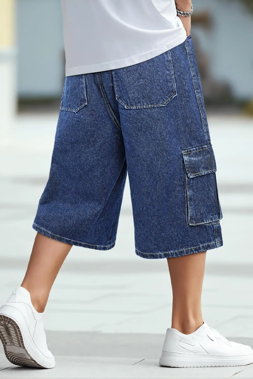 GINGTTO Mens Baggy Jean Shorts Cargo Long Denim Shorts Elastic Waist 15 Inch Inseam