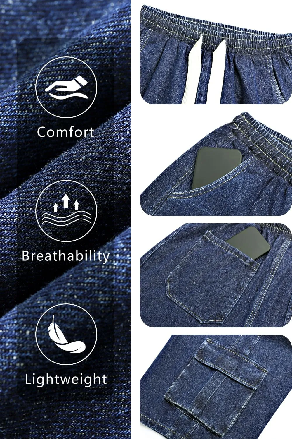 GINGTTO Mens Baggy Jean Shorts Cargo Long Denim Shorts Elastic Waist 15 Inch Inseam