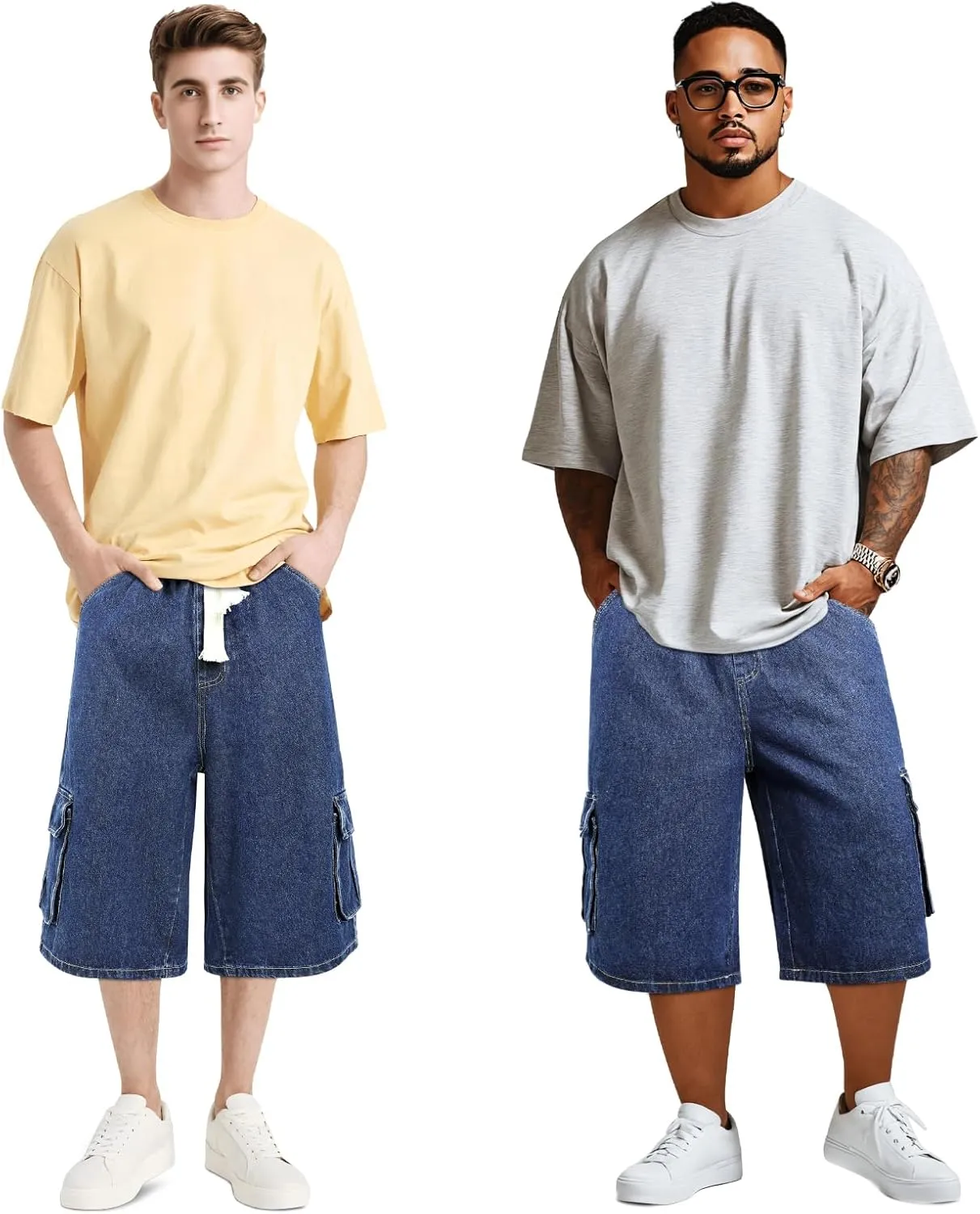 GINGTTO Mens Baggy Jean Shorts Cargo Long Denim Shorts Elastic Waist 15 Inch Inseam