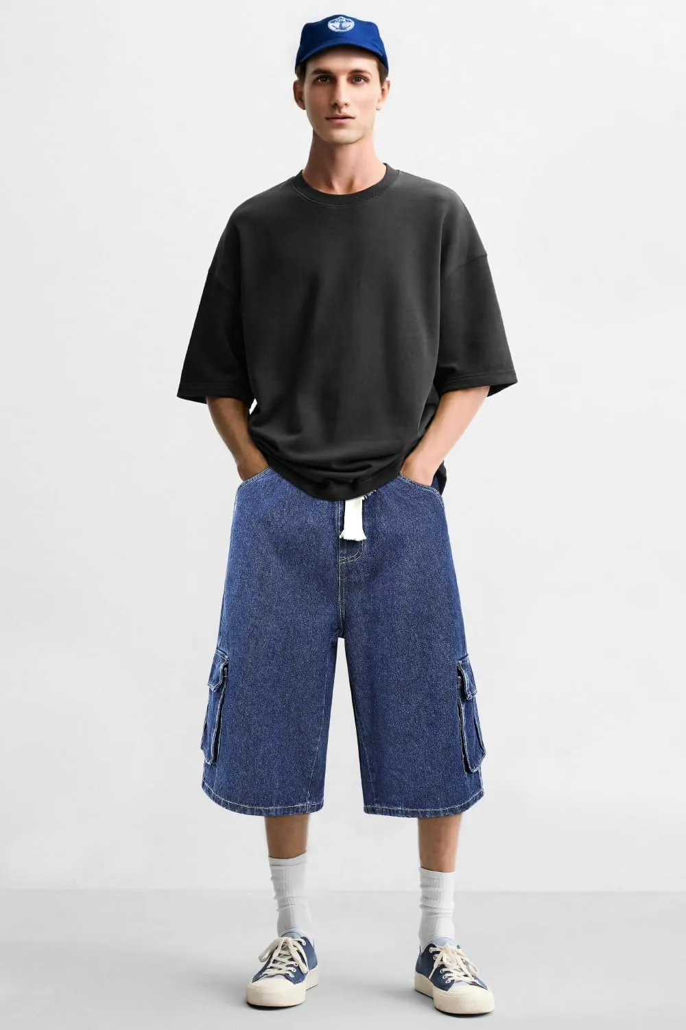 GINGTTO Mens Baggy Jean Shorts Cargo Long Denim Shorts Elastic Waist 15 Inch Inseam