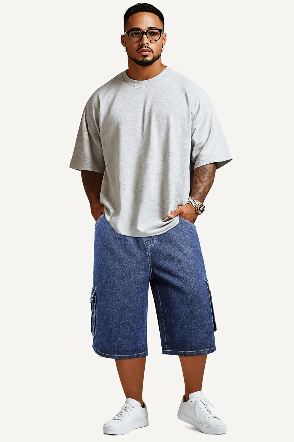 GINGTTO Mens Baggy Jean Shorts Cargo Long Denim Shorts Elastic Waist 15 Inch Inseam