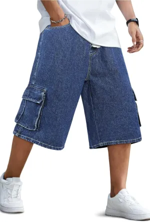 GINGTTO Mens Baggy Jean Shorts Cargo Long Denim Shorts Elastic Waist 15 Inch Inseam
