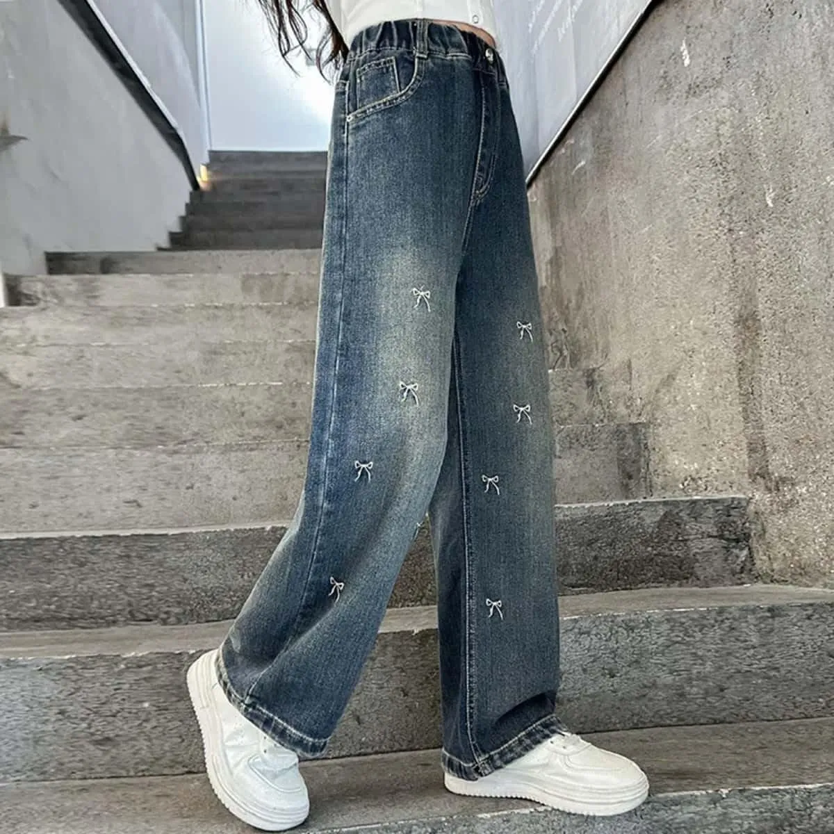 Girls Baggy Wide Leg Jeans Elastic Waist Casual Washed Denim Pants Age 5-14