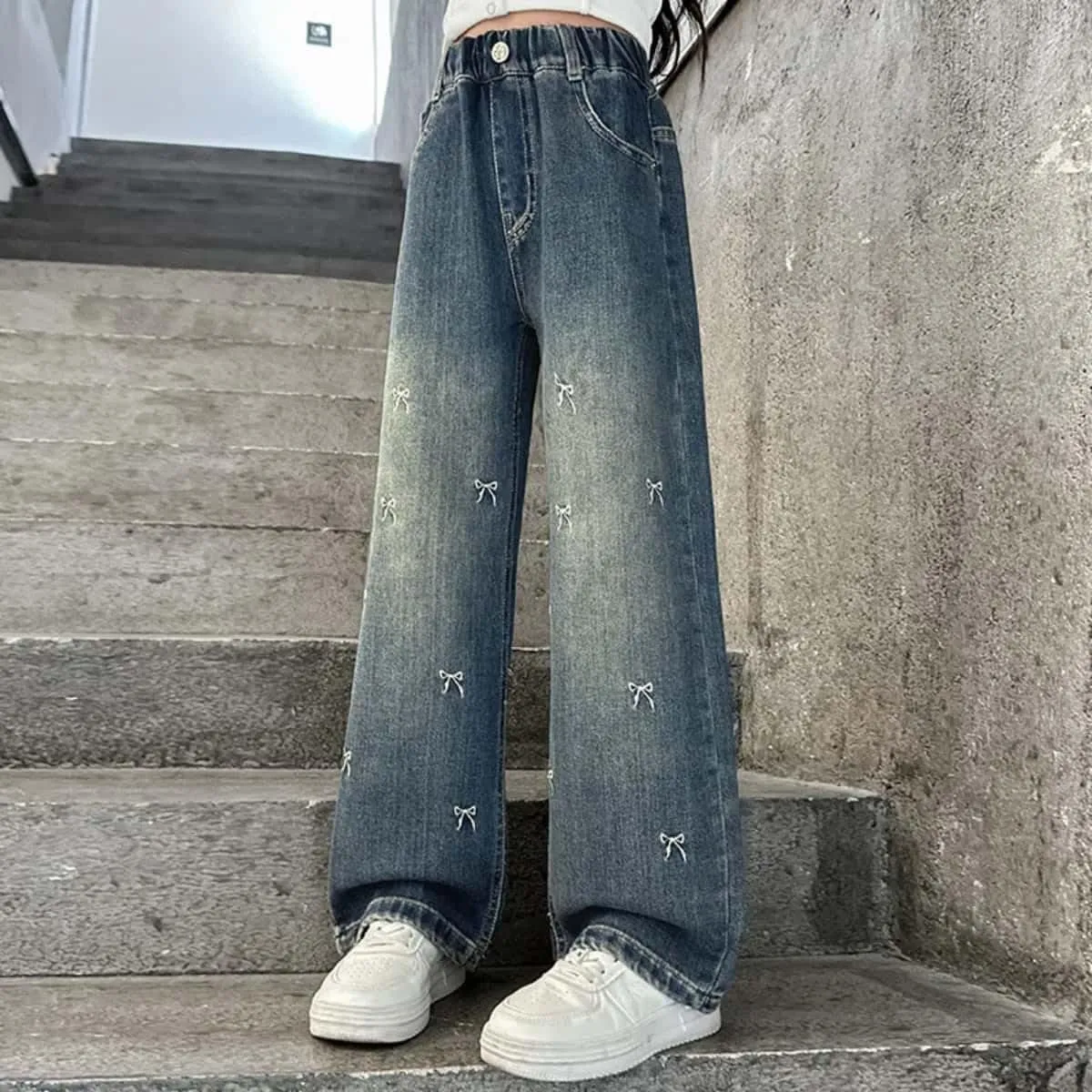 Girls Baggy Wide Leg Jeans Elastic Waist Casual Washed Denim Pants Age 5-14