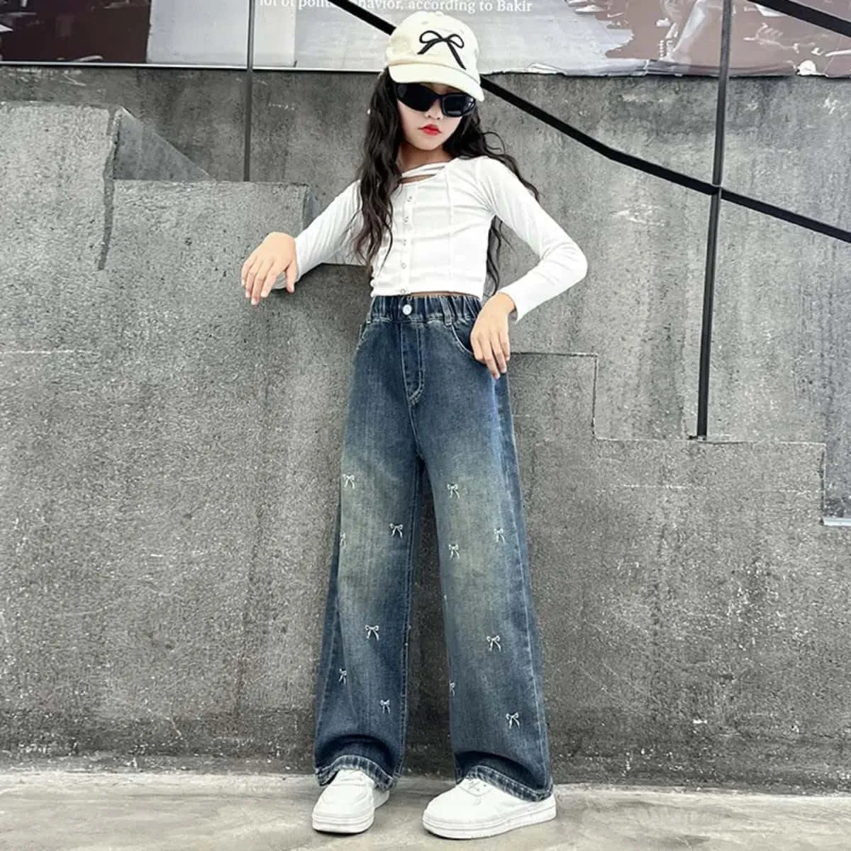 Girls Baggy Wide Leg Jeans Elastic Waist Casual Washed Denim Pants Age 5-14