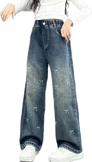 Girls Baggy Wide Leg Jeans Elastic Waist Casual Washed Denim Pants Age 5-14