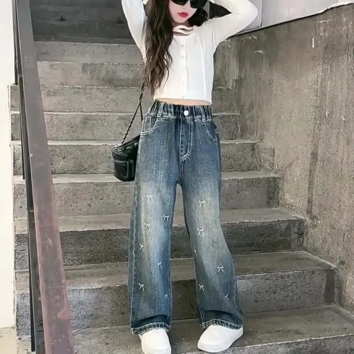 Girls Baggy Wide Leg Jeans Elastic Waist Casual Washed Denim Pants Age 5-14
