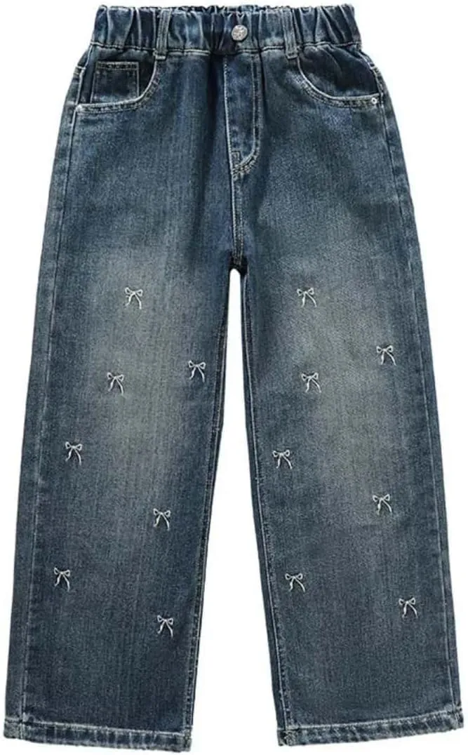 Girls Baggy Wide Leg Jeans Elastic Waist Casual Washed Denim Pants Age 5-14