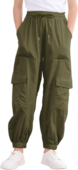 Girls Cargo Pants Baggy Joggers Lightweight Elastic Waist Drawstring with Pockets Casual Travel Hiking Streetwear