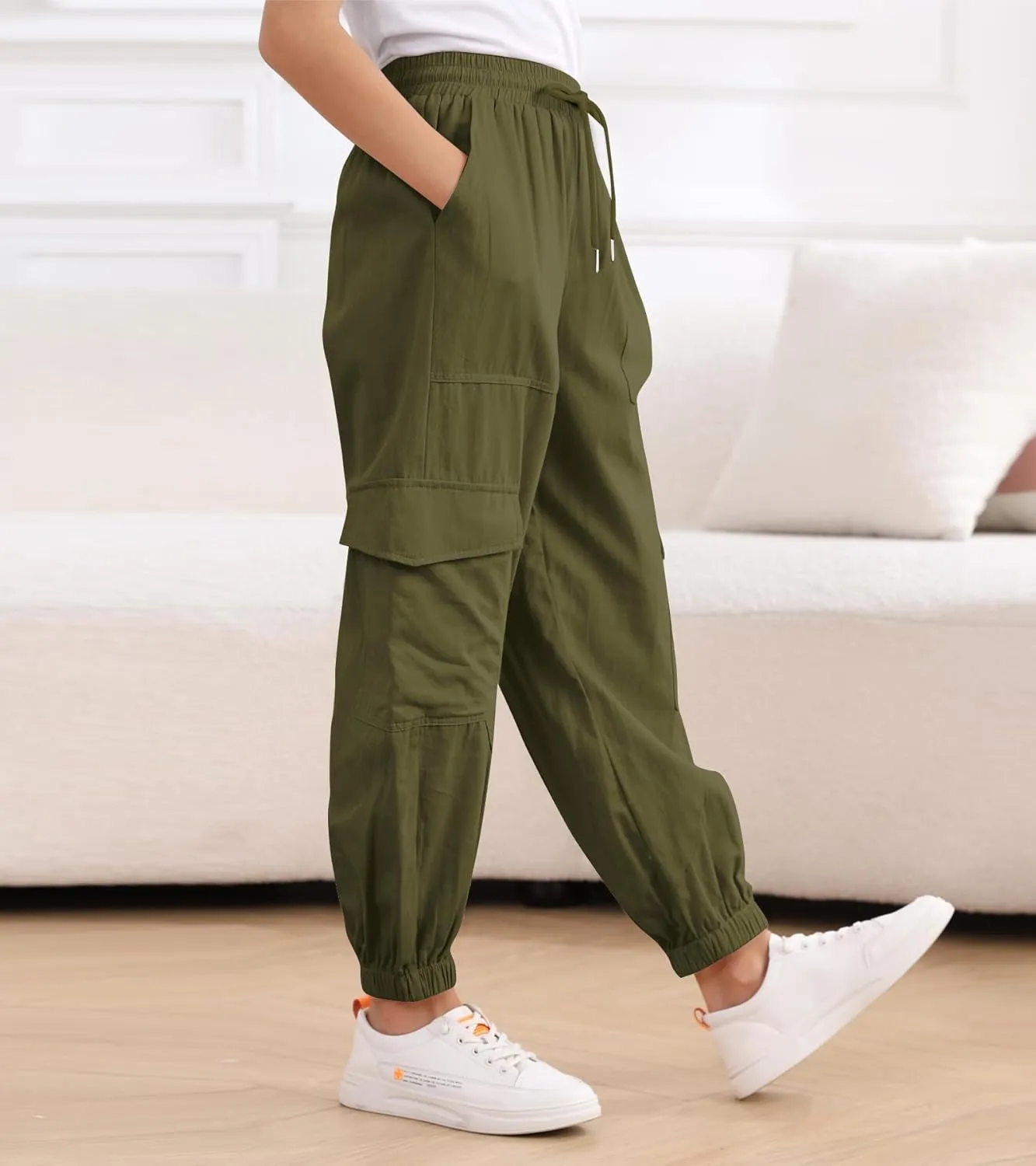 Girls Cargo Pants Baggy Joggers Lightweight Elastic Waist Drawstring with Pockets Casual Travel Hiking Streetwear