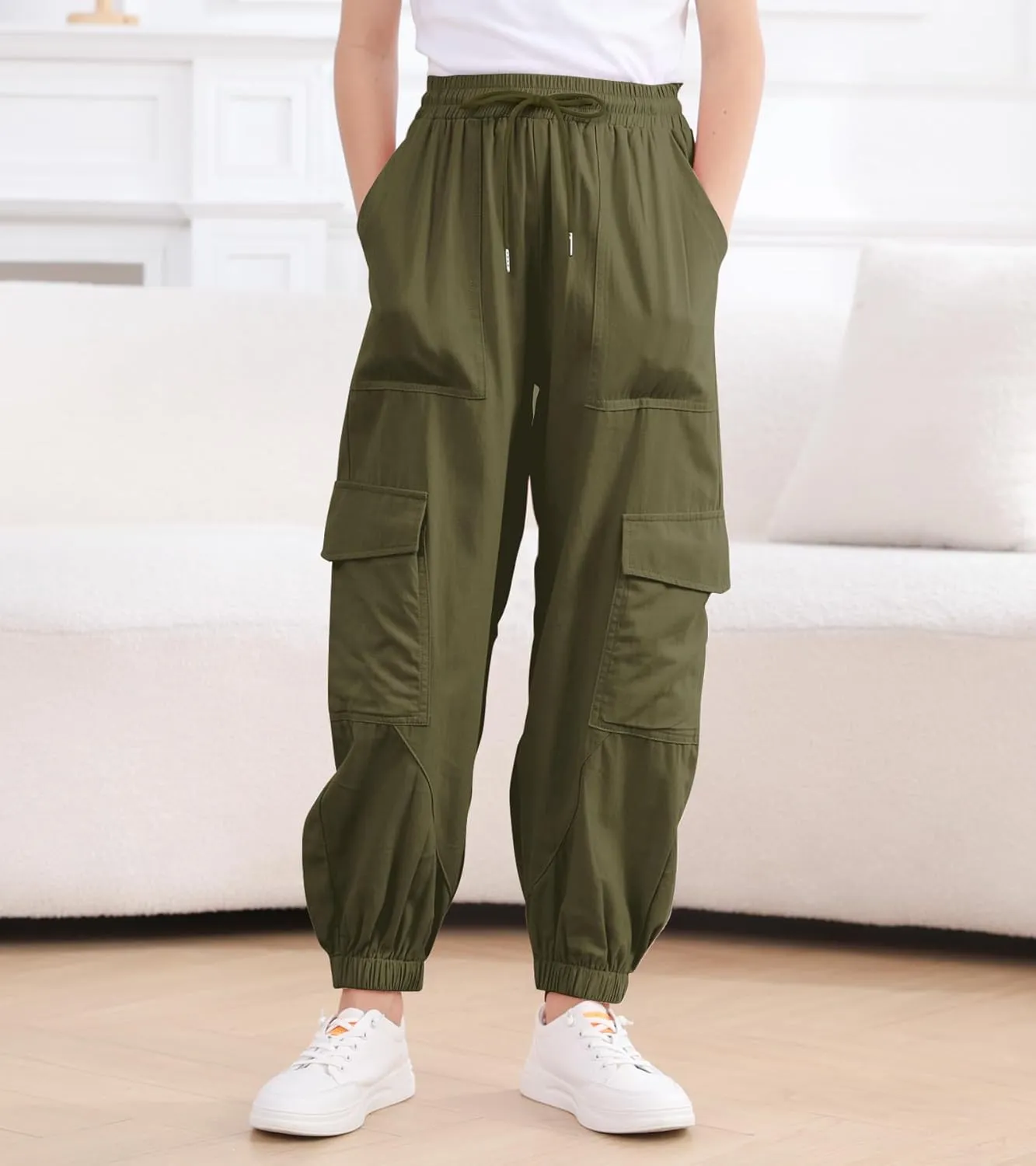 Girls Cargo Pants Baggy Joggers Lightweight Elastic Waist Drawstring with Pockets Casual Travel Hiking Streetwear