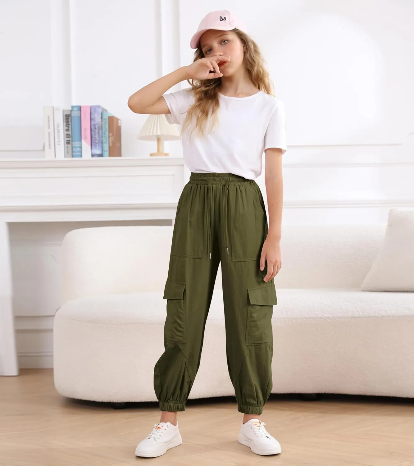 Girls Cargo Pants Baggy Joggers Lightweight Elastic Waist Drawstring with Pockets Casual Travel Hiking Streetwear
