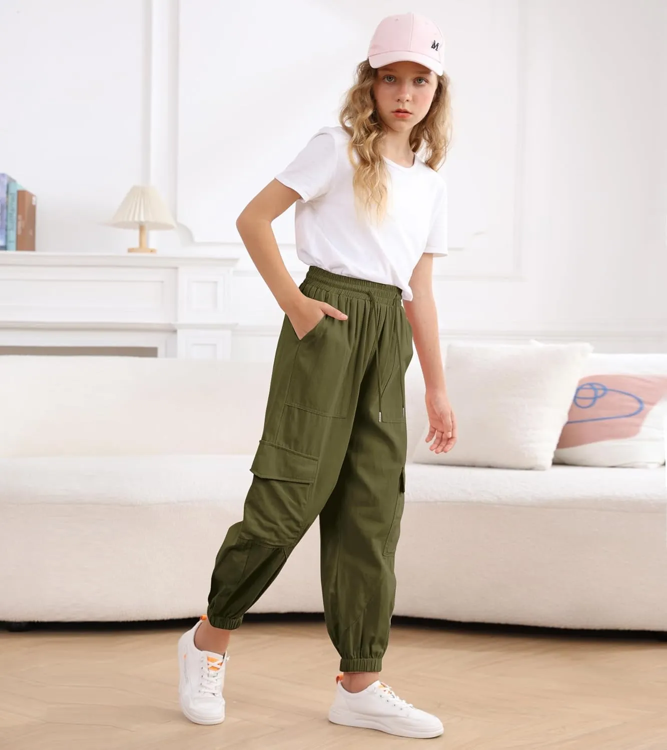Girls Cargo Pants Baggy Joggers Lightweight Elastic Waist Drawstring with Pockets Casual Travel Hiking Streetwear