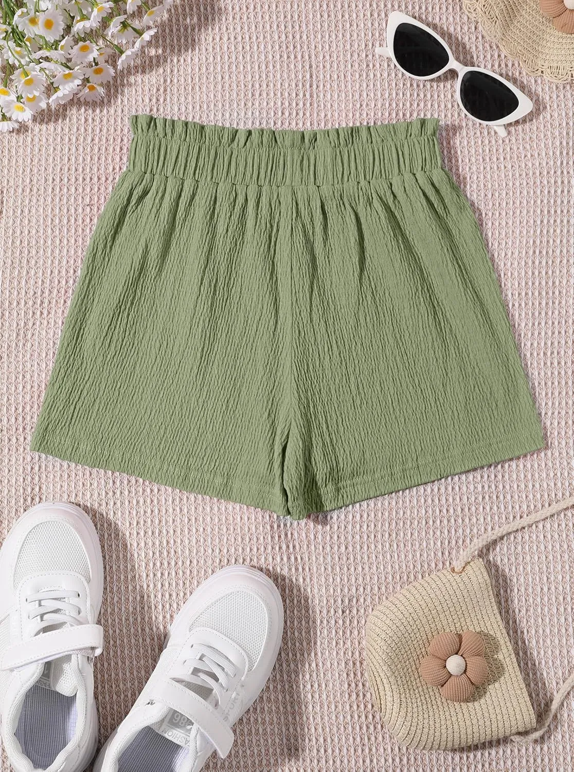Girls' Casual Ruffled Paperbag Waist Shorts Elastic Summer Wide Leg Shorts