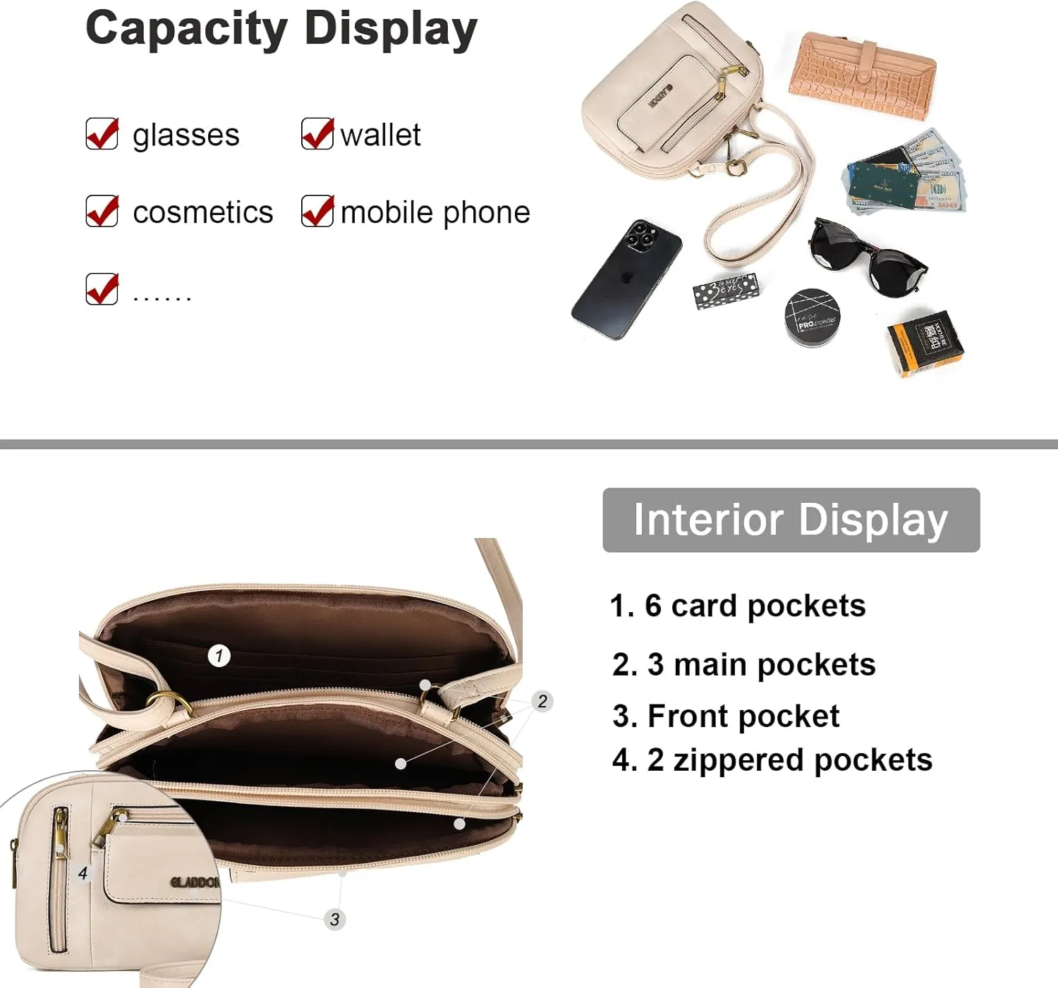 Gladdon Small Crossbody Bags for Women Multi Pocket Shoulder Purses Leather Lady Satchel Handbags Trendy
