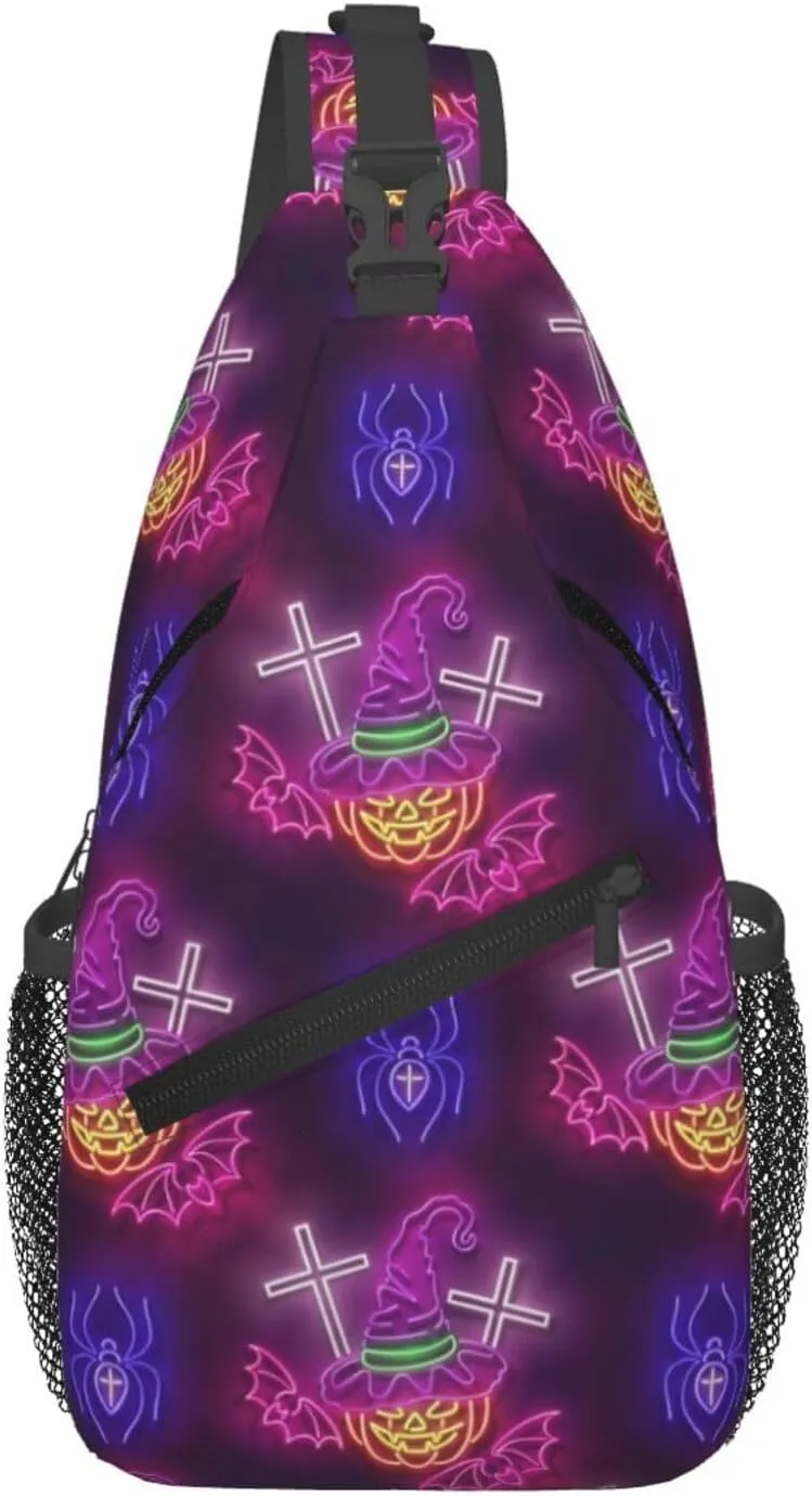 Glow Witch Hat Pumpkin Crosses Bats Spiders Halloween Cross Chest Bag Diagonally Crossbody Bag Travel Shoulder Daypack Lightweight Sling Backpack Cycling Daypacks Fitness Chest Backpacks