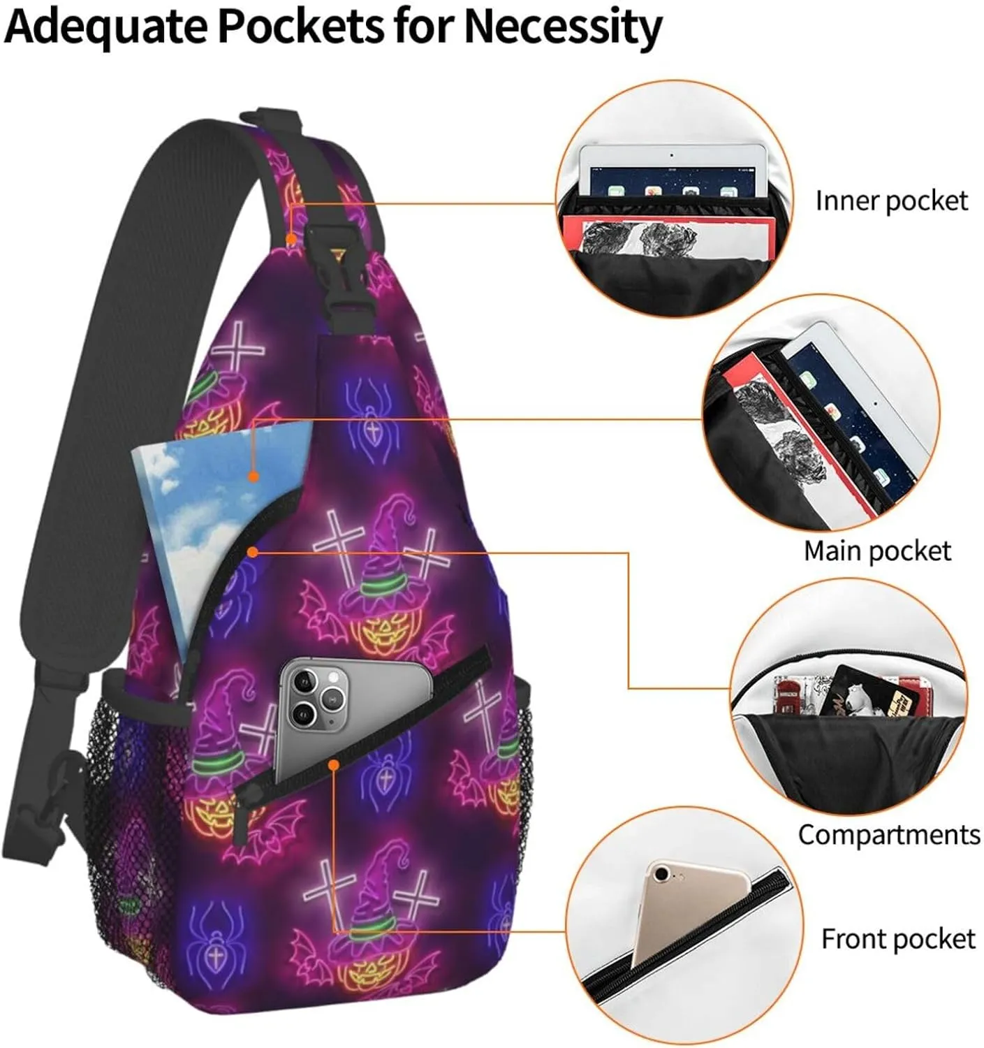 Glow Witch Hat Pumpkin Crosses Bats Spiders Halloween Cross Chest Bag Diagonally Crossbody Bag Travel Shoulder Daypack Lightweight Sling Backpack Cycling Daypacks Fitness Chest Backpacks