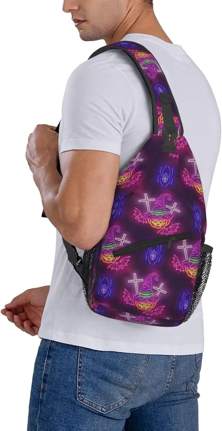 Glow Witch Hat Pumpkin Crosses Bats Spiders Halloween Cross Chest Bag Diagonally Crossbody Bag Travel Shoulder Daypack Lightweight Sling Backpack Cycling Daypacks Fitness Chest Backpacks
