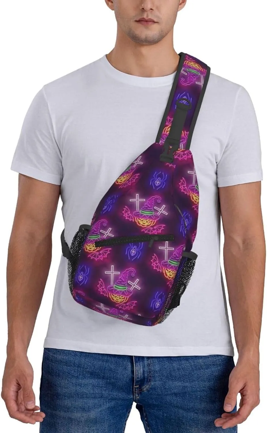 Glow Witch Hat Pumpkin Crosses Bats Spiders Halloween Cross Chest Bag Diagonally Crossbody Bag Travel Shoulder Daypack Lightweight Sling Backpack Cycling Daypacks Fitness Chest Backpacks