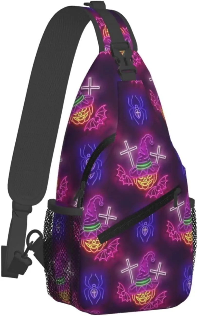 Glow Witch Hat Pumpkin Crosses Bats Spiders Halloween Cross Chest Bag Diagonally Crossbody Bag Travel Shoulder Daypack Lightweight Sling Backpack Cycling Daypacks Fitness Chest Backpacks