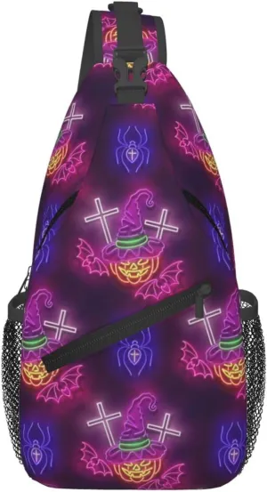 Glow Witch Hat Pumpkin Crosses Bats Spiders Halloween Cross Chest Bag Diagonally Crossbody Bag Travel Shoulder Daypack Lightweight Sling Backpack Cycling Daypacks Fitness Chest Backpacks