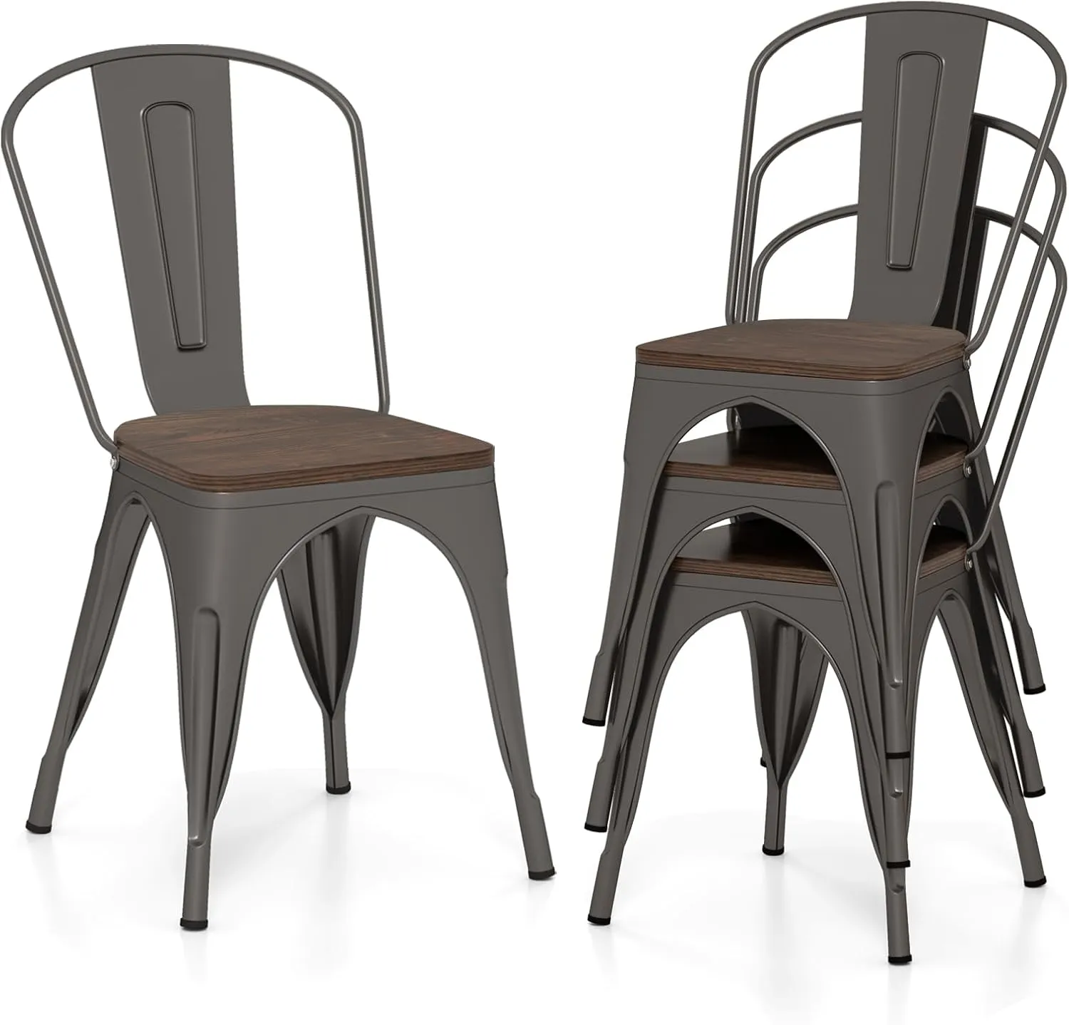 GOFLAME Metal Dining Chairs Set of 4, Stackable Kitchen Side Chairs with Wood Seat & Detachable High Backrest, Space-Saving Tolix Style Dinette Chairs for Dining Room, Cafe, Restaurant, Gun