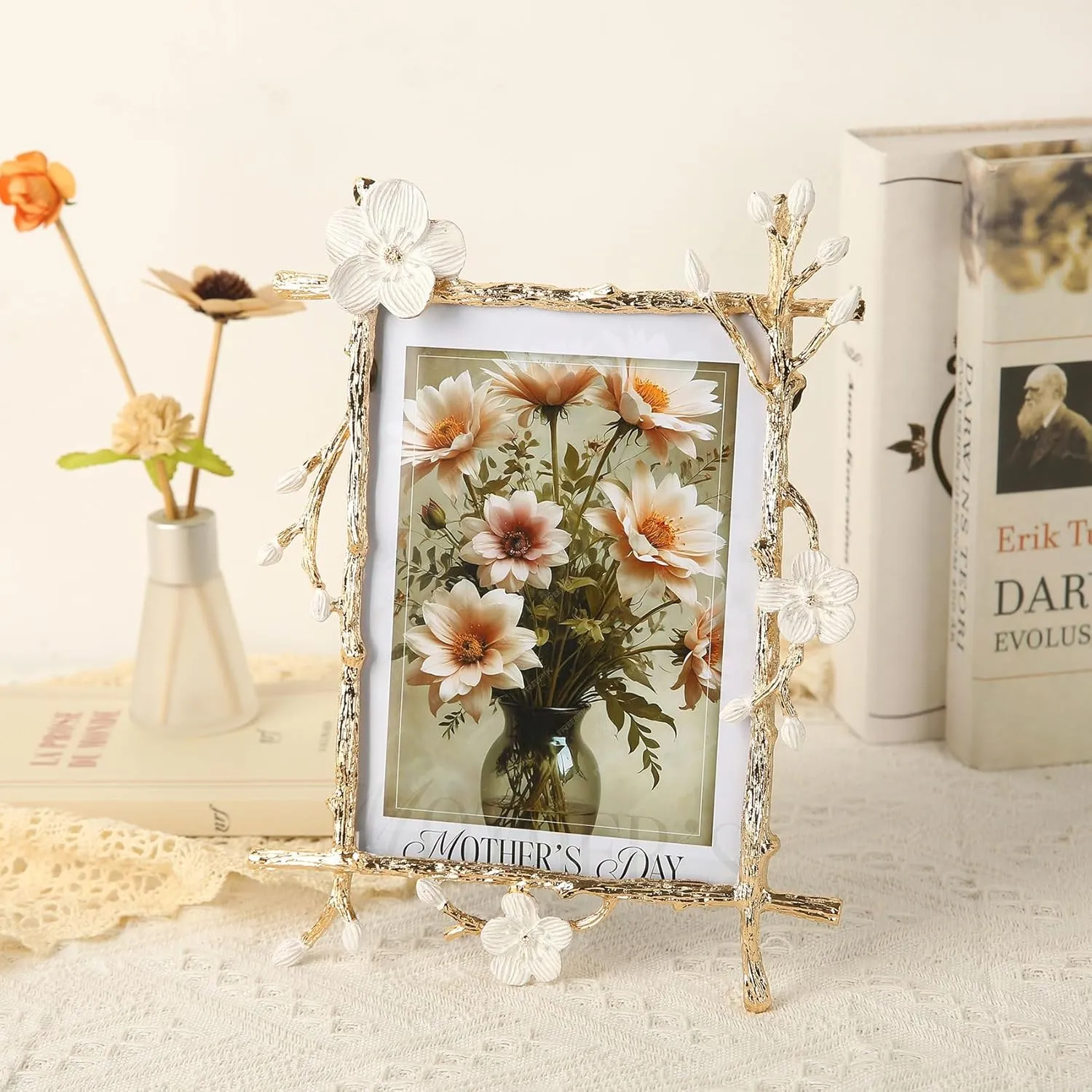 Gold 5x7 Picture Frame Decor Ornate White Floral Photo Frames with High Definition Glass Front, Art Decor Tabletop Display, Gifts Ideas for Women, Horizontally & Vertically