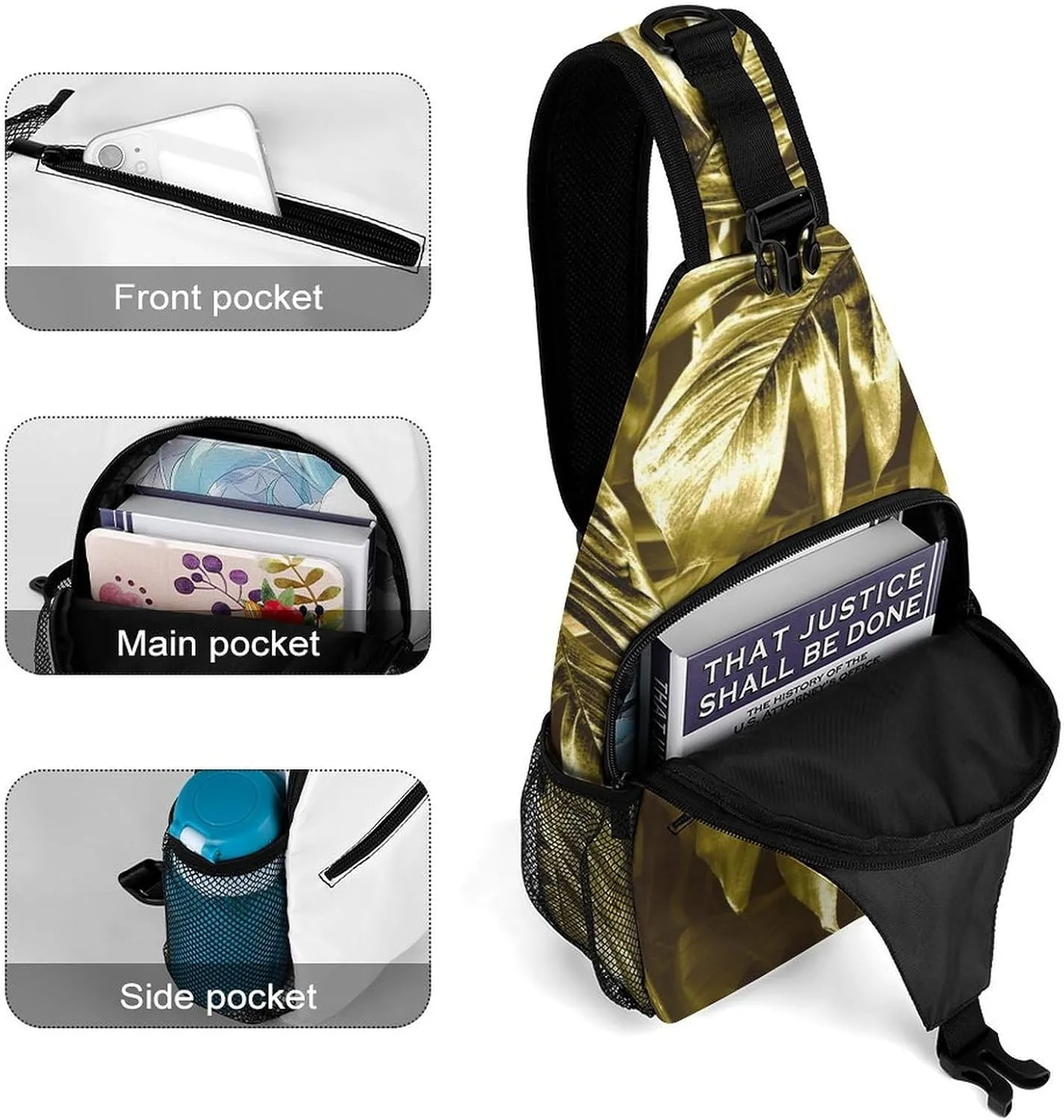 Gold-leaves-background Crossbody Sling Backpack, Shoulder Bag Chest Bag for Travel Sport Running