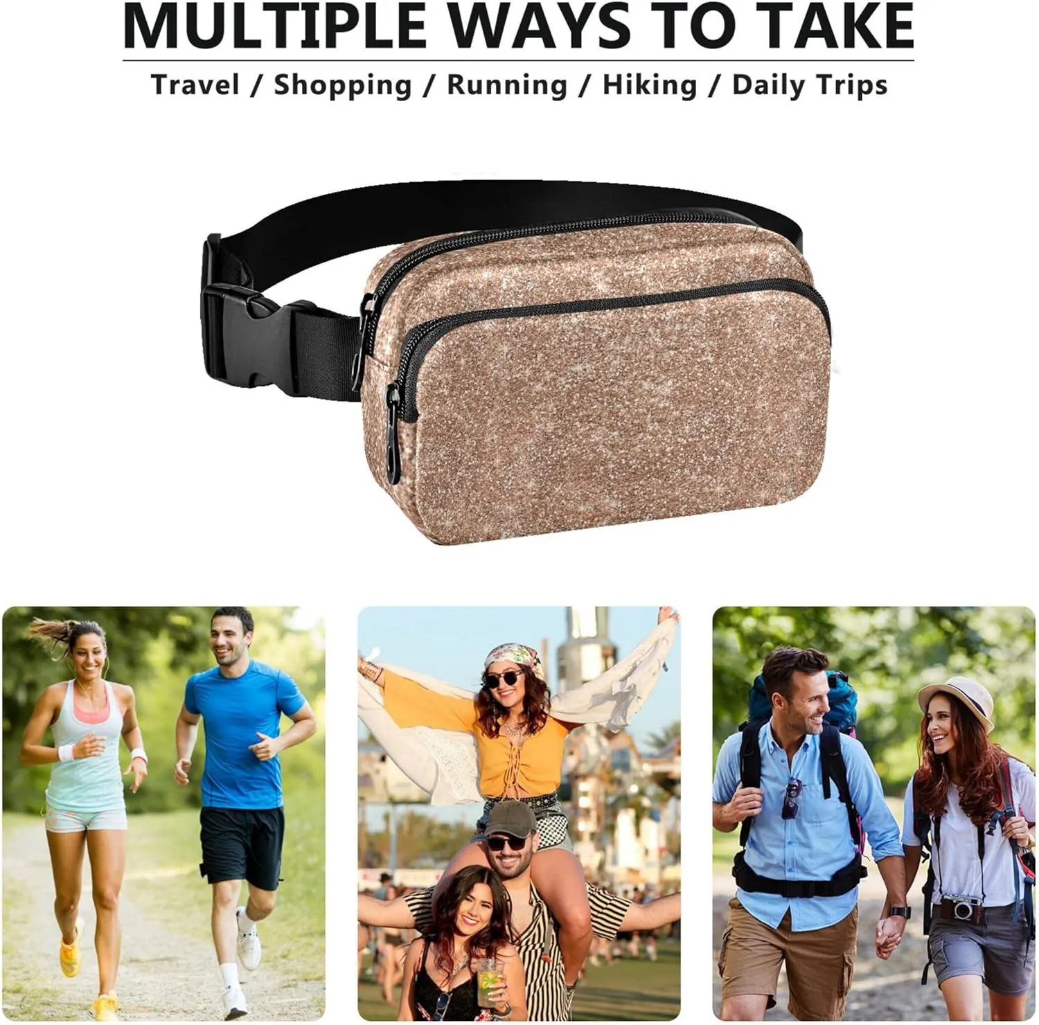 Golden Glitter Women Fanny Packs Belt Bag Hip Pouch Waterproof Trendy Waist Bag for Women