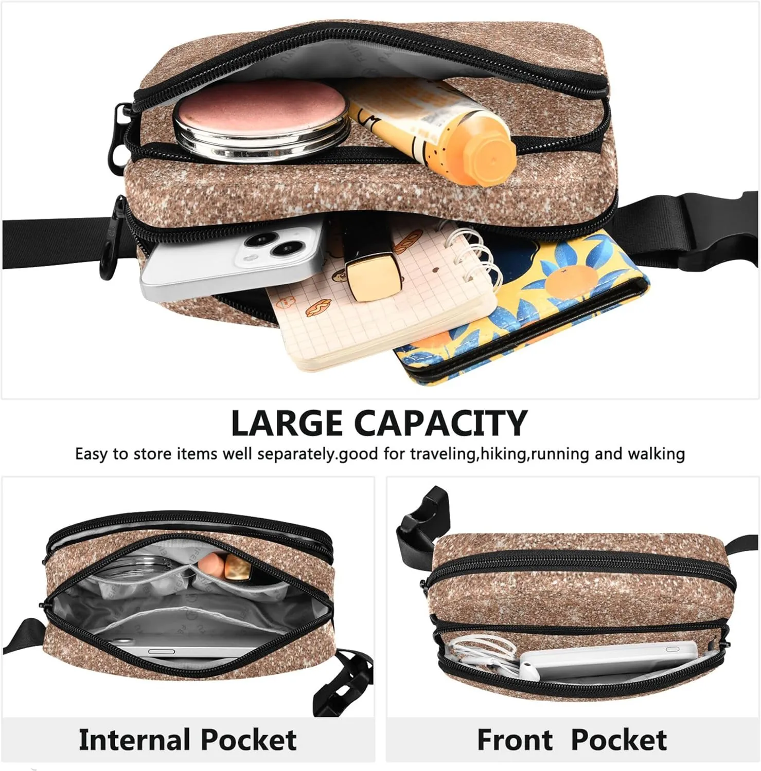 Golden Glitter Women Fanny Packs Belt Bag Hip Pouch Waterproof Trendy Waist Bag for Women