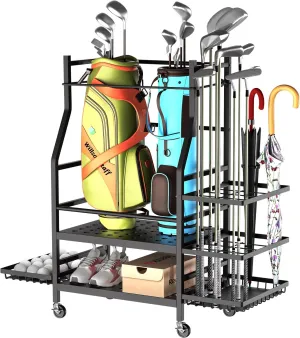 Golf Bag Organizer,Golf Storage Organizer for Garage,Golf Bag Stand and Fit Single Golf Bags Golf Organizer with Wheels for Garage Sheds,Clubs,Basements Metal Black