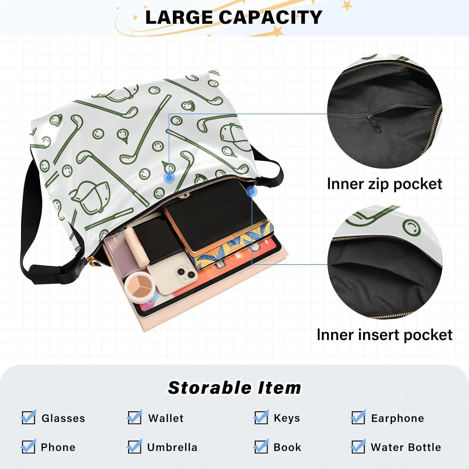 Golf Hobo Shoulder Bag for Women Men PU Leather Crossbody Bag Slouchy Tote Handbags