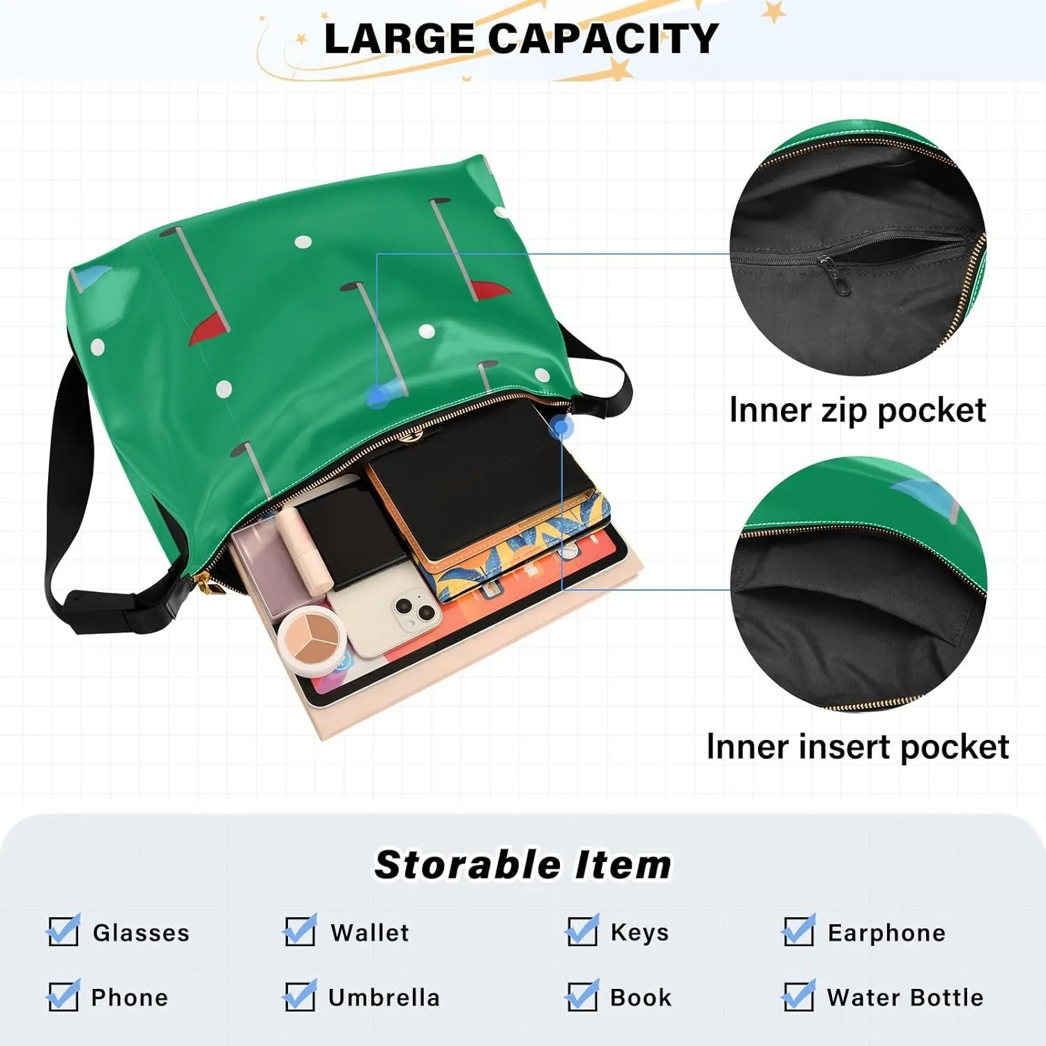 Golf Hobo Shoulder Bag for Women Men PU Leather Crossbody Bag Slouchy Tote Handbags
