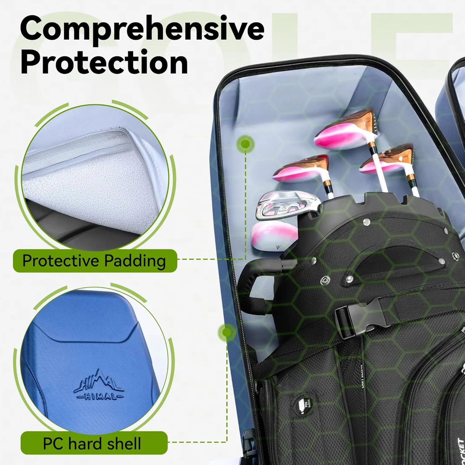Golf Travel Bag Hard Case for Airlines, Durable Hard Shell PC Water-Resistant Golf Club Carrier, 14.9x14.1x54.1inch, Lightweight 14.7lbs (Black/Blue)