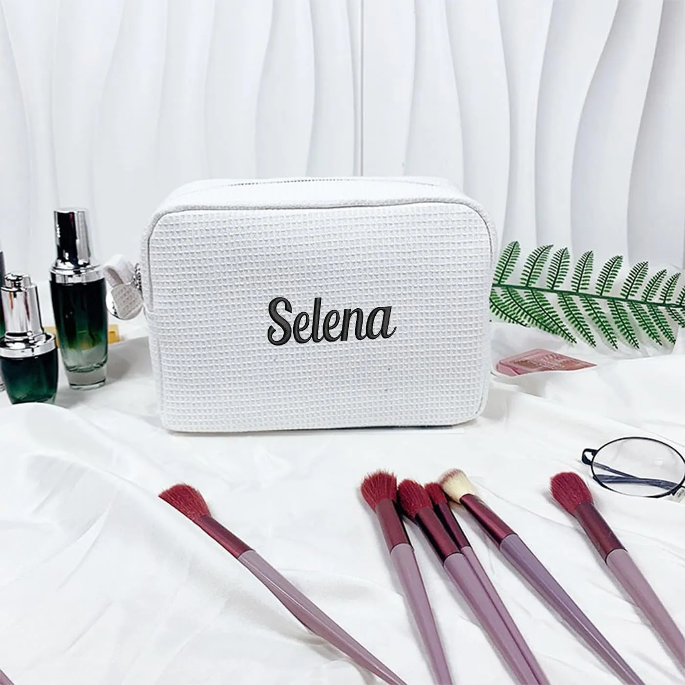 GOPHIE Personalized Embroidered Makeup Bag,Custom Waffle Fabric Cosmetic Pouch for Women, Travel Makeup Pouch (1, White)
