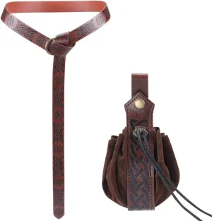 GORGECRAFT Medieval Viking Belt Pouch Set Renaissance Imitation Leather O Ring Belt with Retro Nordic Knot Drawstring Purse Dice Bag Costume Accessories for Halloween Cosplay, Coconut Brown