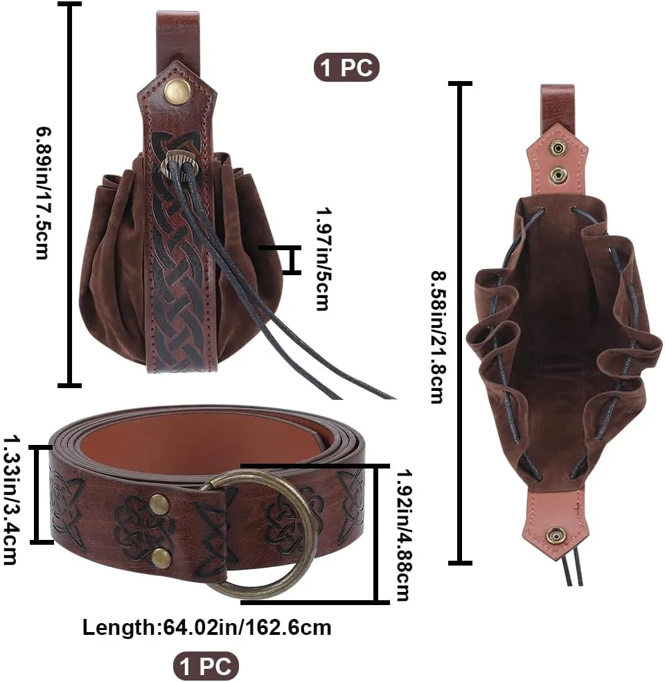 GORGECRAFT Medieval Viking Belt Pouch Set Renaissance Imitation Leather O Ring Belt with Retro Nordic Knot Drawstring Purse Dice Bag Costume Accessories for Halloween Cosplay, Coconut Brown