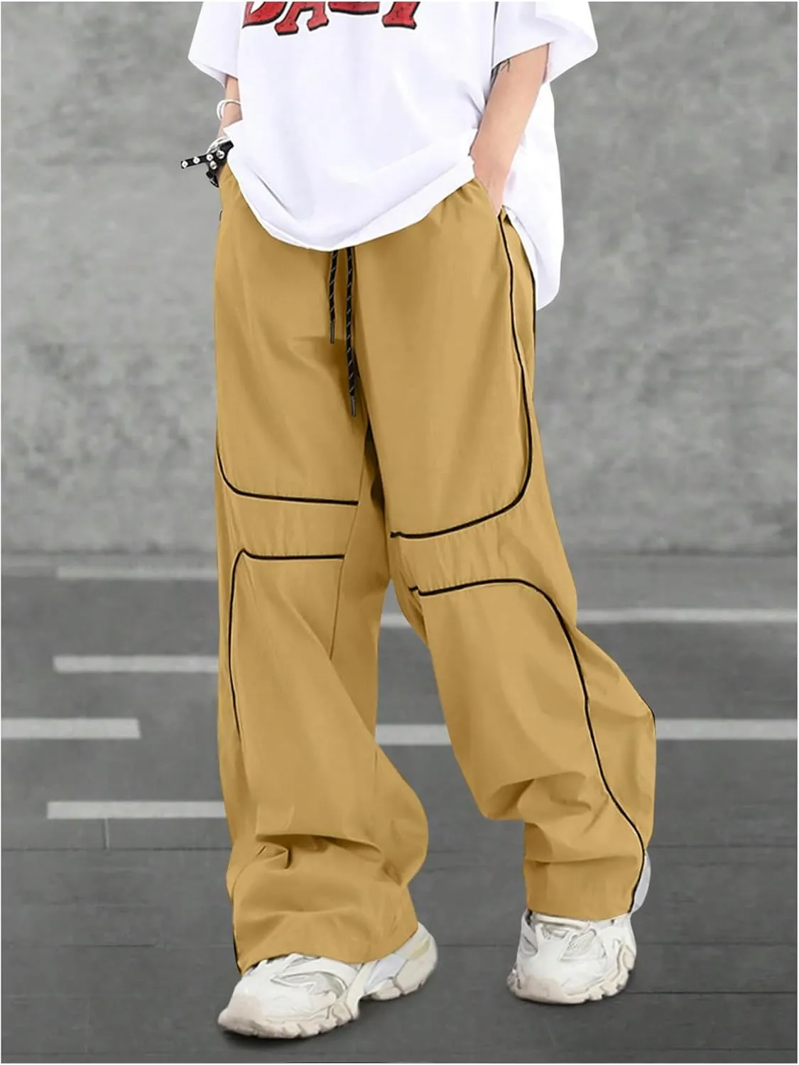 GORGLITTER Men's Baggy Track Pants Y2K Drawstring Elastic Waist Wide Leg Parachute Pants