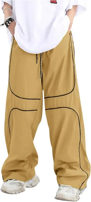 GORGLITTER Men's Baggy Track Pants Y2K Drawstring Elastic Waist Wide Leg Parachute Pants