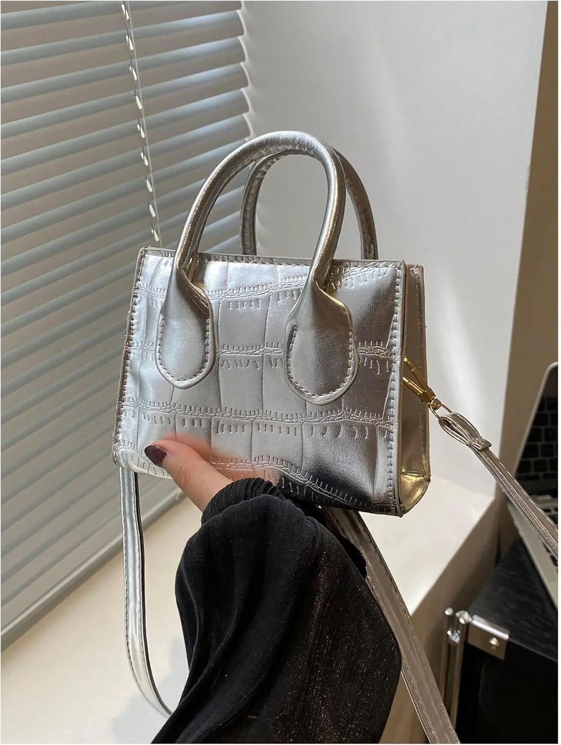 GORGLITTER Women's Small Crossbody Bag Mini Purse Metallic Crocodile Print Double Handle Satchel Shoulder Bag Purse